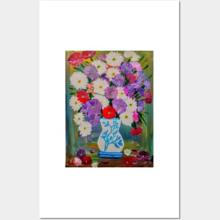 abstract carnations in a white vase with turquoise flowers on it . Posters and Art